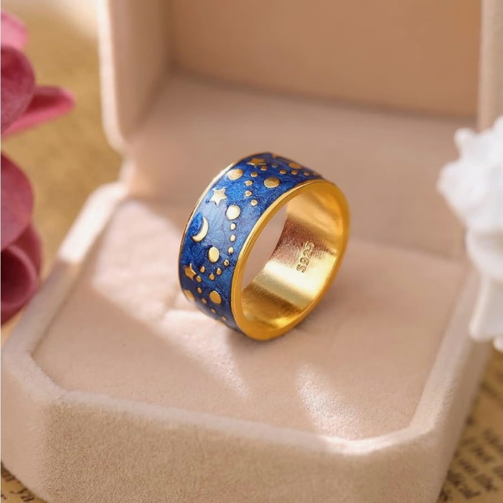 Enamel Moon & Stars Signet Ring - Size 6